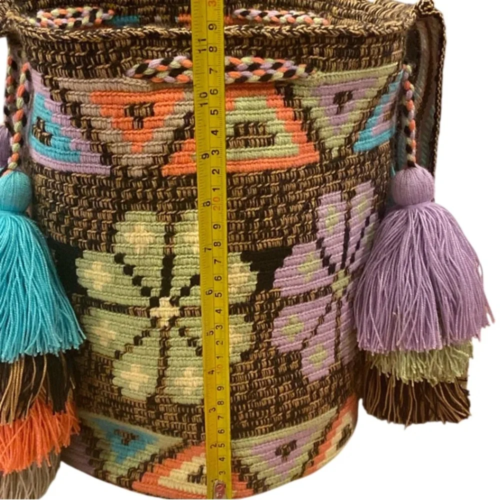 Wayuu Columbian Aztec Woven Bright Colorful Pom Pom Tassel Bucket Tote Bag - Picture 8 of 9